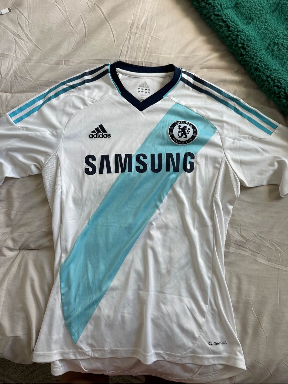 adidas White and Light Blue Chelsea Soccer Jersey with Navy Accents